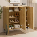 Meuble � chaussures 3 portes, console d?entr�e avec pieds pvc, design � lignes bois, 90�32�94 cm, coloris ...