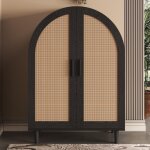 Meuble � chaussures 70x40x100 cm, forme ronde, avec portes en osier ajour�, trois �tag�res, poign�es ...