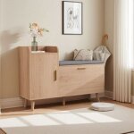 Meuble � chaussures - banc fixe - bois naturel - 2 �tag�res - coussin amovible