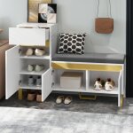 Meuble � chaussures avec banc rembourr� et tiroir, meuble entr�e 120x35x85 cm, accents dor�s, mdf blanc ...
