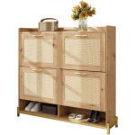 Meuble � chaussures �l�gant en bois avec portes en rotin ? 4 portes, cadre m�tal, �tag�re sup�rieure
