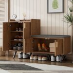 Modfu - meuble � chaussures d'entr�e 120x34x82, 8cm avec banc � chaussures, 4 portes, poign�es et pieds ...