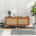 Meuble � chaussures d'entr�e avec 2 portes rotin, meuble bas pour salon / chambre, �tag�res r�glables, ...