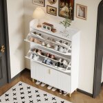 Meuble � chaussures d'entr�e 80 x 23 x 123, 5 cm avec 3 portes, design � abattant, mdf, blanc, 1 pi�ce ...