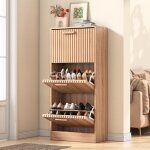 Meuble � chaussures, meuble � chaussures en rotin 60x24x113cm, multi rangement, 3 portes, meuble � chaussures ...