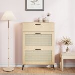 Meuble � chaussures scandinave en rotin naturel et bois clair - grand rangement - 3 portes basculantes ...