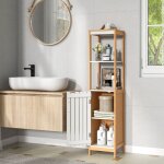 Meuble colonne de salle de bain armoire haute de rangement en bambou avec porte � lattes �tag�re r�glable ...