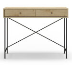 Meuble console, table de console avec 2 tiroirs aspect bois coloris ch�ne et pieds en m�tal noir - longueur ...