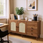 Meubles cosy buffet, commode en rotin, commode � portes coulissantes, �tag�res r�glables, noyer fonc� ...