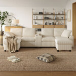 Meubles cosy canap� d'angle en velours c�tel�, comprenant 2 poufs avec rangement, une table basse, 1 ...