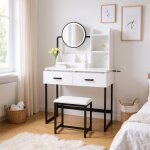 Meubles cosy coiffeuse moderne avec �clairage led, miroir pivotant et prise �lectrique (tabouret inclus) ...