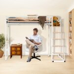 Meubles cosy - lit mezzanine 2 places avec sommier tapissier - 140 x 200 cm, mtal blanc et effet chne, ...