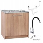 Meuble de cuisine 80 cm - ch�ne sonoma - �vier 2 bacs - robinet noir flexible - pratique et �l�gant