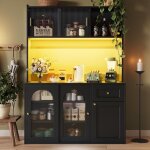 Meuble de cuisine, buffet haut avec �tag�res r�glables et 2 tiroirs, avec �clairage led, design moderne, ...