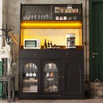 Meuble de cuisine, buffet haut avec tagres rglables et 2 tiroirs, avec clairage led, design moderne, ...
