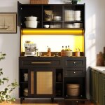 Meuble de cuisine, buffet de cuisine haut avec �tag�res r�glables, 3 tiroirs et �clairage led, d�coration ...