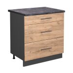 Meuble cuisine fame - line, chne de force dor, 80 cm avec 3 tiroirs, pt anthracite, vicco