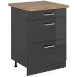 Meuble cuisine r - line, anthracite haute brillance, 60cm avec tiroirs, pt ch�ne vicco