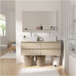 Meuble double vasque 120cm avec plan bois sorrento blanc + vasque + robinet + miroir Meuble double vasque 120cm avec plan bois sorrento blanc + vasque + robinet + miroir