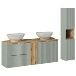 Meuble double vasques � poser 140 cm + rangement + colonne - a portes et tiroirs - vert roseau - livraison ...