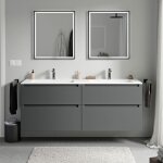 Meuble double vasque suspendu salle de bain mdf anthracite mat, lavabos fonte minérale blanc mat + trous ... Meuble double vasque suspendu salle de bain mdf anthracite mat, lavabos fonte minérale blanc mat + trous ...