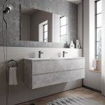 Meuble double vasque suspendu salle de bain mdf aspect bton, 2 lavabos fonte minrale blanc mat + trous ...