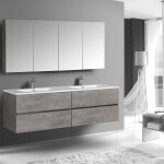Meuble double vasque suspendu salle de bain mdf aspect béton, lavabo marbre blanc brillant + trou robinet ... Meuble double vasque suspendu salle de bain mdf aspect béton, lavabo marbre blanc brillant + trou robinet ...