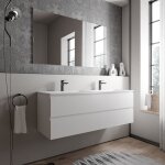 Meuble double vasque suspendu salle de bain mdf blanc mat, 2 lavabos fonte minérale blanc mat + trous ... Meuble double vasque suspendu salle de bain mdf blanc mat, 2 lavabos fonte minérale blanc mat + trous ...
