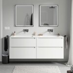 Meuble double vasque suspendu salle de bain mdf blanc mat, lavabos fonte minérale blanc mat sans trou ... Meuble double vasque suspendu salle de bain mdf blanc mat, lavabos fonte minérale blanc mat sans trou ...
