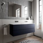 Meuble double vasque suspendu salle de bain mdf bleu fonc mat, 2 lavabos fonte minrale blanc mat, sans ...