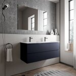 Meuble double vasque suspendu salle de bain mdf bleu fonc� mat, 2 lavabos fonte min�rale blanc mat + ...