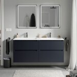 Meuble double vasque suspendu salle de bain mdf bleu nuit mat, lavabos fonte minérale blanc mat + trous ... Meuble double vasque suspendu salle de bain mdf bleu nuit mat, lavabos fonte minérale blanc mat + trous ...