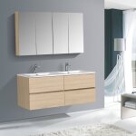 Meuble double vasque suspendu salle de bain mdf chêne clair, lavabo marbre blanc brillant + trou robinet ... Meuble double vasque suspendu salle de bain mdf chêne clair, lavabo marbre blanc brillant + trou robinet ...