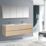 Meuble double vasque suspendu salle de bain mdf chêne clair, lavabo marbre blanc brillant + trou robinet ... Meuble double vasque suspendu salle de bain mdf chêne clair, lavabo marbre blanc brillant + trou robinet ...