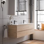 Meuble double vasque suspendu salle de bain mdf chne miel, lavabos cramique blanc brillant + trous ...