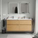 Meuble double vasque suspendu salle de bain mdf chêne miel, lavabos fonte minérale blanc mat + trous ... Meuble double vasque suspendu salle de bain mdf chêne miel, lavabos fonte minérale blanc mat + trous ...