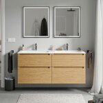 Meuble double vasque suspendu salle de bain mdf chêne miel, lavabos fonte minérale blanc mat + trous ... Meuble double vasque suspendu salle de bain mdf chêne miel, lavabos fonte minérale blanc mat + trous ...