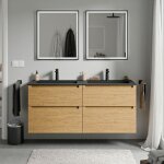 Meuble double vasque suspendu salle de bain mdf chne miel, lavabos fonte minrale noir mat + trous robinet, ...
