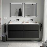 Meuble double vasque suspendu salle de bain mdf noir mat, lavabos fonte minrale blanc mat sans trou ...
