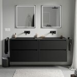 Meuble double vasque suspendu salle de bain mdf noir mat, lavabos fonte minérale noir mat sans trou robinet, ... Meuble double vasque suspendu salle de bain mdf noir mat, lavabos fonte minérale noir mat sans trou robinet, ...