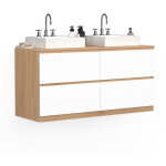 Meuble double vasque suspendu salle de bain tomi 120 cm 4 tiroirs fa�on h�tre et blanc