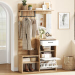 Meuble d'entr�e 100 x 38. 5 x 190 cm rangement assise bois finition laqu�e blanc et couleur naturelle ...