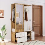 Meuble d'entr�e 100x38x180 cm, avec 2 pat�res, 1 cintre r�tractable, 2 tiroirs, miroir, meuble � chaussures, ...