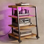 Meuble hifi  4 etagres en bois et acier avec roulettes, support pour platine vinyle, meuble audio / ...