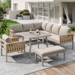 Meuble jardin 5 pi�ces, canap� 6 places, 1 table basse, tissage en corde, pieds r�glables, mobilier jardin, ...
