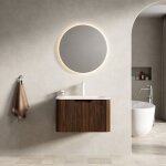 Meuble lavabo mural 60 cm, avec vasque int�gr�e, armoire contreplaqu� cannel�, tiroir soft - close led, ...