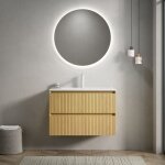 Meuble - lavabo mural de 75 cm, avec 2 tiroirs et vasque rectangulaire en c�ramique blanche � encastrer, ...