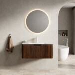 Meuble lavabo mural 80 cm, avec vasque int�gr�e, armoire contreplaqu� cannel�, tiroir soft - close led, ...