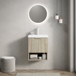 Meuble lavabo mural avec vasque en céramique blanche / meuble à double portes rayées + étagère ouverte ... Meuble lavabo mural avec vasque en céramique blanche / meuble à double portes rayées + étagère ouverte ...