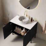 Meuble lavabo sur pied 76 cm avec meuble 2 portes ray noir - avec vasque ronde cramique blanche